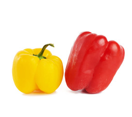 red and yellow sweet peppers isolated on white background, bunch of useful vegetables