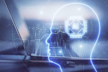 Fototapeta premium Multi exposure of work table with computer and brain hologram. Brainstorm concept.