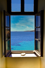 Open Window. Isolated. Window looking into the Mediterranean Sea. Stock 