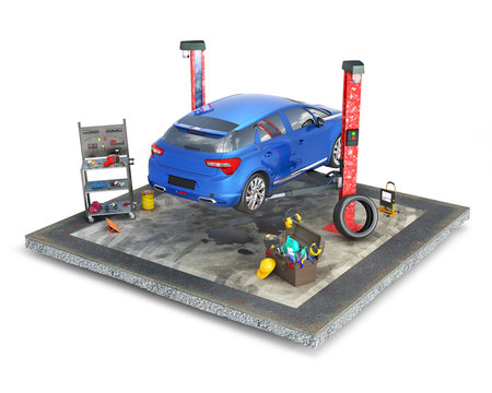 Concept of outdoor auto repair on a piece of ground, 3d illustration