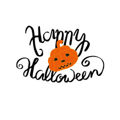 Hand written lettering Happy Halloween with pumpkin on white background