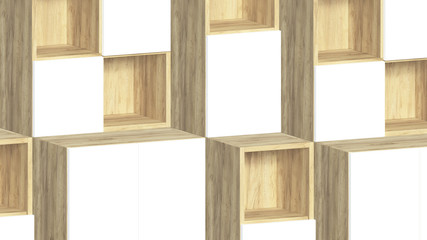 Empty shelves for presentation. Stylish modern wooden rack close-up 3d render