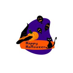 Halloween attributes - hat, pumpkin, black cats. Logo or sticker. Vector illustration on a white background. 