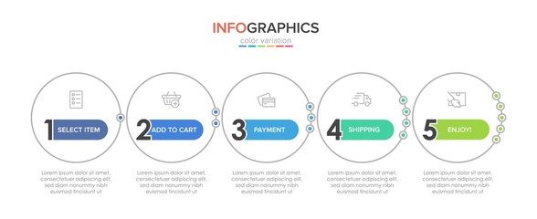 Concept of shopping process with 5 successive steps. Five colorful graphic elements. Timeline design for brochure, presentation, web site. Infographic design layout.