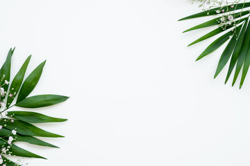 Floral background. Greeting card. Exotic green leaf delicate white flower sprig minimal arrangement isolated on light copy space. Foliage decor. Romantic design.