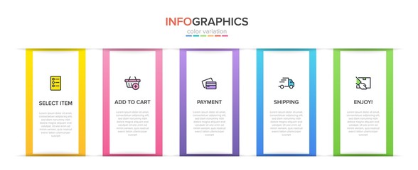 Concept of shopping process with 5 successive steps. Five colorful graphic elements. Timeline design for brochure, presentation, web site. Infographic design layout.