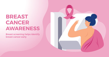 Breast Cancer Awareness month pink banner template - a woman at hospital breast cancer screening with a breast cancer pink ribbon on pink background. Vector illustration flat style