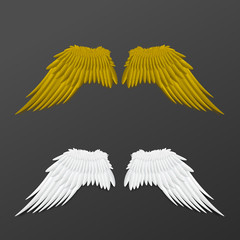 Gold and white angels or birds wings set realistic vector illustration isolated.