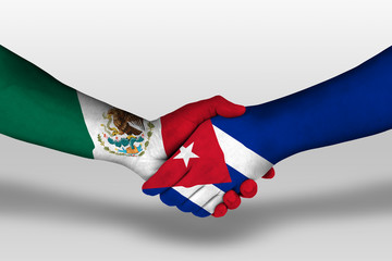 Handshake between cuba and mexico flags painted on hands, illustration with clipping path.
