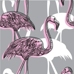 Pattern with flamingos. Drawing by hand. Multicolored birds. Stylish summer tropical background.