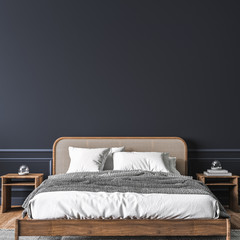 Dark bedroom interior mockup, wooden rattan bed on empty dark wall background, Scandinavian style, 3d render