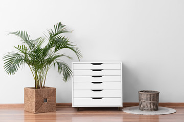 Modern chest of drawers with houseplant near light wall in room