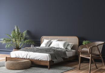 Dark bedroom interior mockup, wooden rattan bed on empty dark wall background, Scandinavian style, 3d render - obrazy, fototapety, plakaty