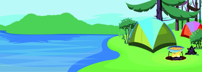 Camp in the mountains near of the lake. Camping and tent under the pine forest near the lake with beautiful sunlight in the morning