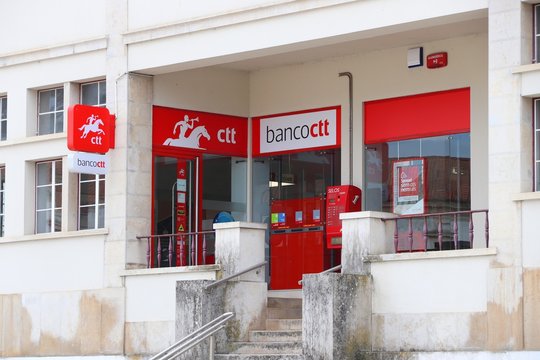 NAZARE, PORTUGAL - MAY 22, 2018: CTT Correios de Portugal (national postal service) and Banco CTT (banking and financial services) branch in Nazare.