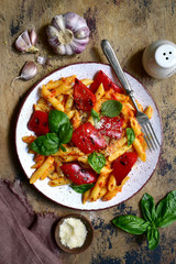 Penne pasta with tomato sauce and grilled bell pepper. Top view with copy space.