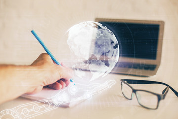 Man with double exposure international connection concept icons.