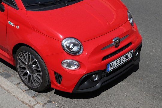 NUREMBERG, GERMANY - MAY 7, 2018: Fiat 500 Abarth small city car parked in Germany. There were 45.8 million cars registered in Germany (as of 2017).