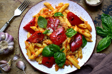 Penne pasta with tomato sauce and grilled bell pepper. Top view with copy space.