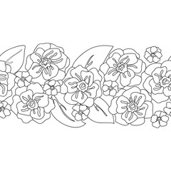 vector flower poppy daisy leaves horizontal seamless outline pattern