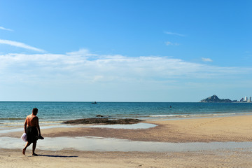 Tropical beach, summer sea sunny sky background