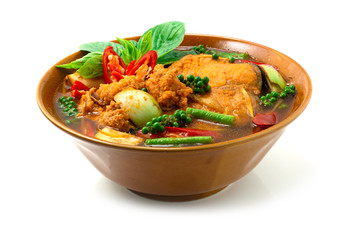 Red Curry Pangasius Fish Spicy Soup (Striped Catfish) with Herbs Thai Food