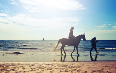 Horse walk on the beach.Tropical summer Hua Hin beach background Thailand