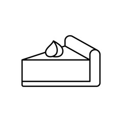 Pumpkin pie slice decorated with whipped cream. Linear icon of traditional Thanksgiving treat. Black illustration of cheesecake, dessert with filling. Contour vector pictogram, white background