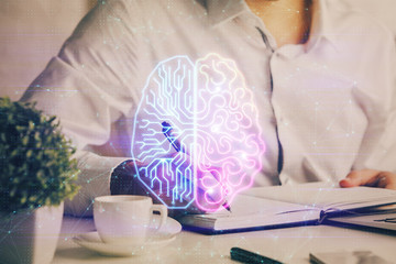 Brain multi exposure icon with man hands background.