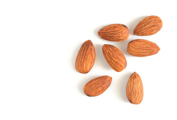 Almonds isolated on white background,Top view,copy space.