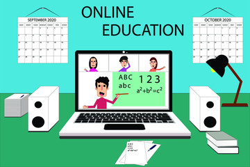 Group of three kids with teacher on online class leactions beacause of covid-19.