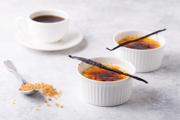 Creme brulee. French vanilla cream dessert with caramelised sugar.