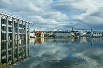 Iceland-view of Reykjavik City Hall and Lake Tjornin
