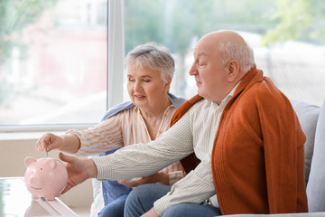 Senior couple with piggy bank at home