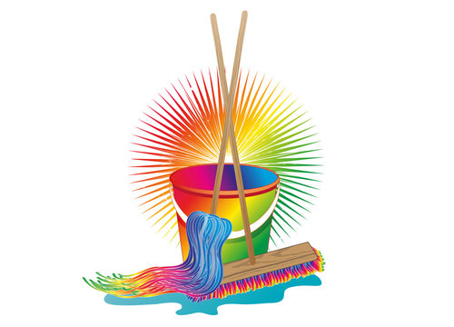 Wischmop,Besen und Eimer in Regenbogenfarben
