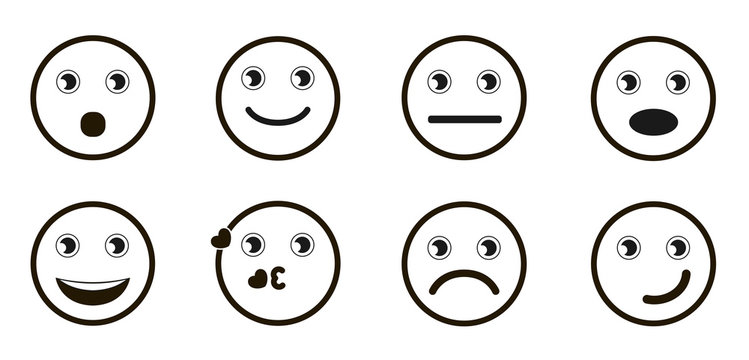 Cute, positive, sad and confused simple emoji icons. Emotions set vector illustration
