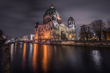 Fototapeta na wymiar Beautiful night landscape back view of Berlin Cathedral Germany by long shutter speed style