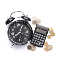 Alarm clock with calculator and money on white background