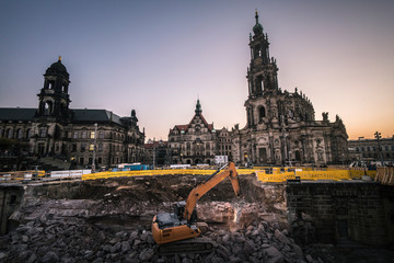 Twilight view of Repair and renovation of the city near Katholische Hofkirche in Dresden Germany