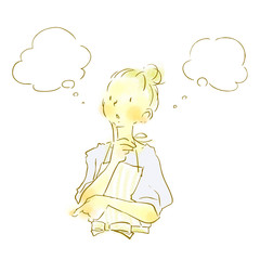 ナチュラルタッチ　手描き　考え事をするエプロンの女性