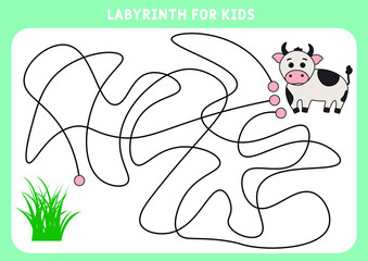 An educational maze game for preschool children. Help the bull find his way to the grass. Worksheet. Labyrinth for children. Vector illustration of a labyrinth, labyrinth with entrance and exit.