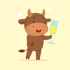 Cute vector bull holding a festive glass of champagne. Happy New Year. Chinese new year symbol.Christmas card. 2021 year. Flat vector cartoon illustration isolated on white background