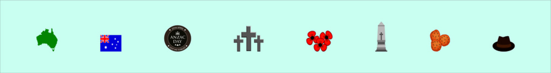 set of anzac day cartoon icon design template with various models. hat, flags and more vector illustration isolated on blue