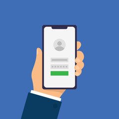 Log in or Sign in page on smartphone screen. Hand holds the smartphone. Modern Flat design illustration.