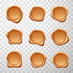 Wax seals in bronze color samples, templates set. Copy space. Round empty postal stamps.
