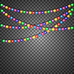 Colorful christmas light bulbs set Glowing Garland decorations. Vector.
