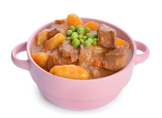 Pot with tasty beef stew on white background