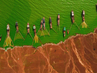 Aerial view of Ben Nom fishing village, a brilliant, fresh, green image of the green algae season...