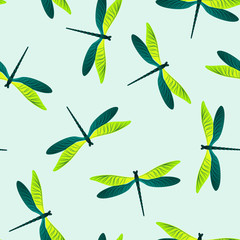 Dragonfly flat seamless pattern. Repeating clothes fabric print with damselfly insects. Graphic 