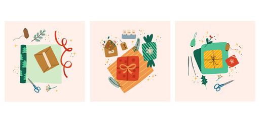 Fototapeta premium Set of christmas presents wrapping process. Packaging flat lay. Gift box and wrapping paper isolated design element. Xmas and New Year celebration preparation.Vector hand drawn illustration.